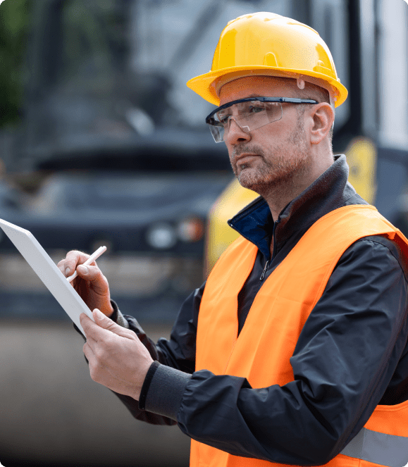 Construction worker writing on a clipboard.